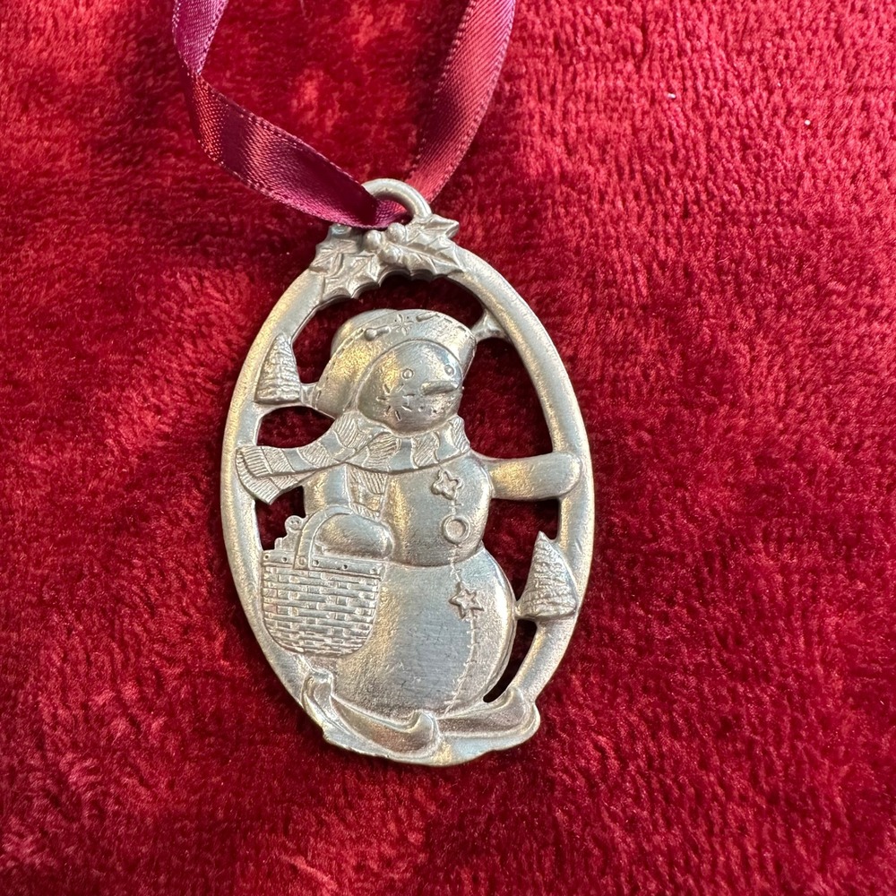 Longaberger 1999 Snowman with Basket Pewter Christmas Ornament Vintage Holiday‎